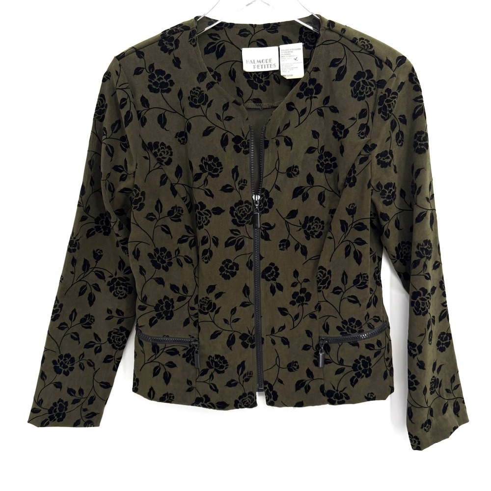 Vintage 90s Flocked Velvet Floral Jacket Size 6P Whimsigoth Olive Green Black